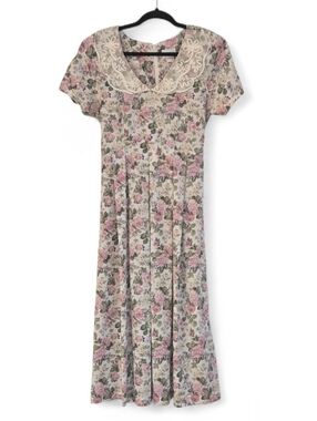 Vintage  EXPO BRAND Cream and Pink Floral Midi Dress with Lace Collar